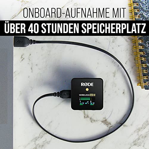 RØDE Wireless GO II Ultrakompaktes Kabelloses Zweikanal Mikrofonsystem mit eingebauten Mikrofonen, integrierter Aufnahmefunktion und 200 m Reichweite für Filmemachen, Interviews, Schwarz