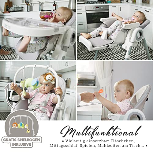 Sweety Fox Hochstuhl Baby mit Liegefunktion   Verstehllbar und Klappbar, Kinderstuhl mit Sicherheitsgurt   Mitwachsender Kinderhochstuhl 6 Monaten bis 3 Jahren, max. 15 kg   Grau