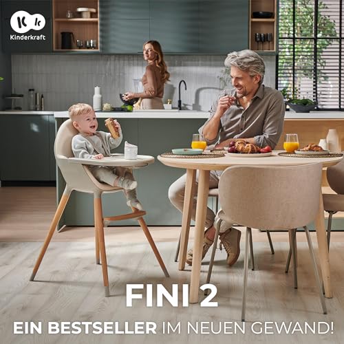 Kinderkraft Hochstuhl FINI2 2 in 1, Kinderhochstuhl, Babystuhl, Kombihochstuhl, Beine aus Holz, Sicherheitsgurte, Fußstütze, Doppeltablett, ab 6 Monate bis 5 Jahre, 5 Punkt Gurte, Beige