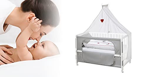 roba Beistellbett 60 x 120 cm   Adam &amp; Eule Room Bed   Babybett zum Anstellen an Elternbett   Inklusive Matratze, Bettwäsche, Himmel   Mobil &amp; Höhenverstellbar   Holz weiß