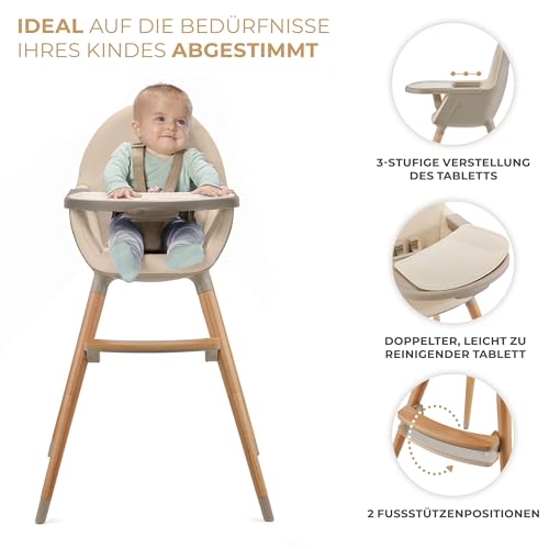 Kinderkraft Hochstuhl FINI2 2 in 1, Kinderhochstuhl, Babystuhl, Kombihochstuhl, Beine aus Holz, Sicherheitsgurte, Fußstütze, Doppeltablett, ab 6 Monate bis 5 Jahre, 5 Punkt Gurte, Beige