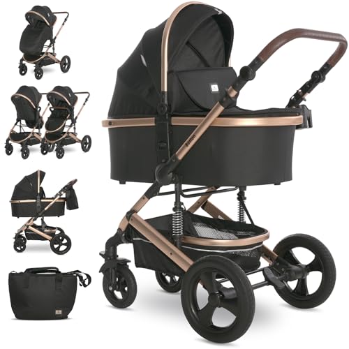 Lorelli Kinderwagen Boston 2 in 1 inkl. Babywanne und Sportsitz, Baby Kombikinderwagen bis 22kg, Zusammenklappbar, Große Räder, Großer Einkaufskorb, Fußsack, Federung, Organizer Tasche, Schwarz
