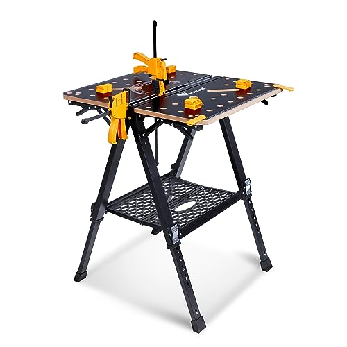WORKESS Tragbare Werkbank und Sägebock, 453,6 kg Kapazität, strapazierfähiger, klappbarer Arbeitstisch, 59,9 cm   91,4 cm, höhenverstellbar, mit 2 Schnellklemmen, 4 Bankhund, 2 x 4 Stützarmen für die