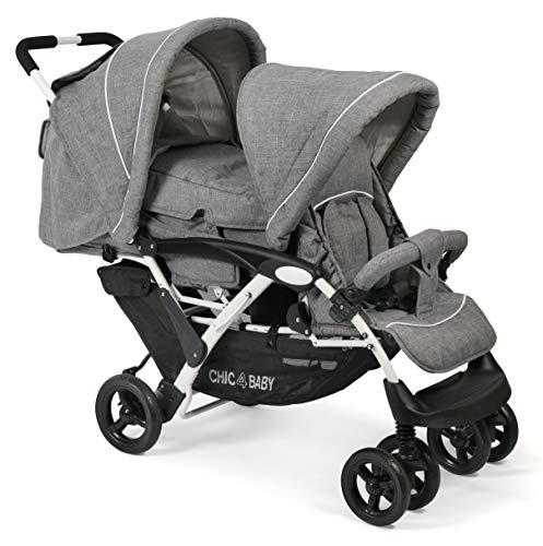 CHIC 4 BABY   Geschwisterwagen DUO mit Tragetasche und Regenschutz, Geschwisterkinderwagen für zwei Kinder, Zwillingswagen, Zwillingsbuggy, Tandemkinderwagen, Tandembuggy, Kinderwagen, Jeans grau