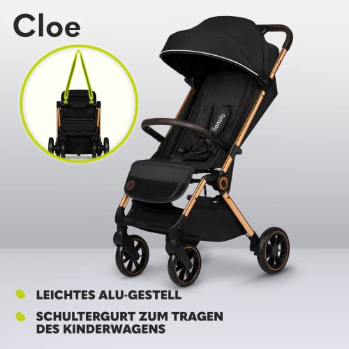LIONELO Cloe Zusammenklappbarer Kinderwagen bis zu 22 kg, Verstellbare Rückenlehne Schlaffunktion, 5 Punkt Gurt Große Schwenkräder Moskitonetz Becherhalter Leichtgewicht Kompakt Wasserdicht (Schwarz)