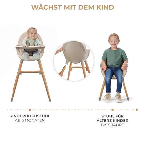 Kinderkraft Hochstuhl FINI2 2 in 1, Kinderhochstuhl, Babystuhl, Kombihochstuhl, Beine aus Holz, Sicherheitsgurte, Fußstütze, Doppeltablett, ab 6 Monate bis 5 Jahre, 5 Punkt Gurte, Beige