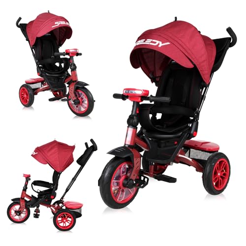 Lorelli Dreirad Speedy ab 1 Jahr mit Schubstange, Tricycle 360 drehbar, 3 Punkt Sicherheitsgurt, Verstellbarer Elterngriff, Freilaufrad Funktion, Luftreifen, Spielzeugkorb, rot schwarz