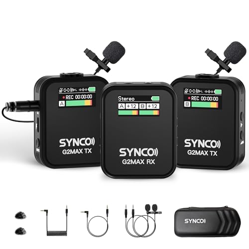 SYNCO Wireless Lavalier Mikrofon, G2A2MAX Kabellos Ansteckmikrofon 24H 200m Reichweite für DSLR Kamera Telefon, Drahtloses Lav Mikrofon für Vlog YouTube