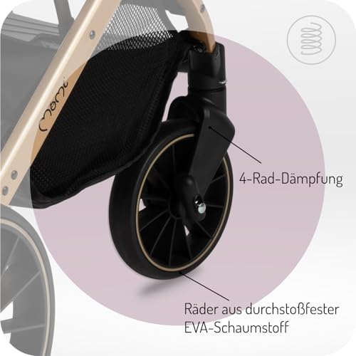 MoMi ESTELLE DAKAR Kinderwagen ab 6. Monat (bis 22 kg), klappbarer Buggy mit 5 Punkt Sicherheitsgurt, Einkaufskorb und Liegefunktion, Teleskop Stange zum Ziehen, steht nach dem Zusammenklappen Ginko