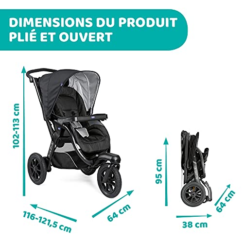 Chicco Activ3 Kinderwagen mit 3 Rädern, leicht zu fahren in jedem Gelände, breiter Sitz, verstellbare Rückenlehne, praktischer Verschluss, verstellbare Stoßdämpfer, 0 Monate , Jet Black