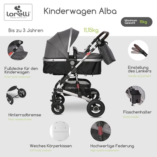 Lorelli Kinderwagen Alba 2 in 1 mit Federung, Umwandelbar in Sportsitz, Baby Kombikinderwagen bis 15kg, Zusammenklappbar, Große Gummireifen, Großer Einkaufskorb, Organizer Tasche, Grau
