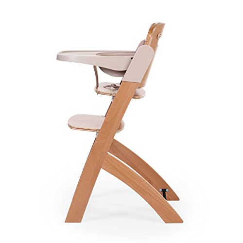 CHILDHOME, Hochstuhl für Babys, mitwachsend : von 0 Monaten bis 85KG, Inklusive Tablett, Buchenholz, Bügel, Sicherer 5 Punkt Gurt, Unsichtbare Schrauben, Evosit Natur Beige