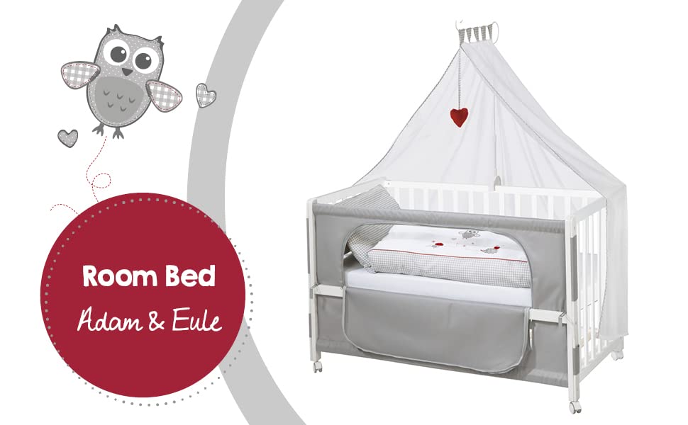roba Beistellbett 60 x 120 cm   Adam &amp; Eule Room Bed   Babybett zum Anstellen an Elternbett   Inklusive Matratze, Bettwäsche, Himmel   Mobil &amp; Höhenverstellbar   Holz weiß