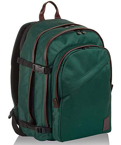 Invicta Round Plus Backpack Geräumiger Rucksack, praktisch &amp; unisex, mit Laptopfach für Uni, Arbeit, Reise &amp; Fahrrad; Daypack, grün/braun   mit Lederdetails &amp; italienisches Design