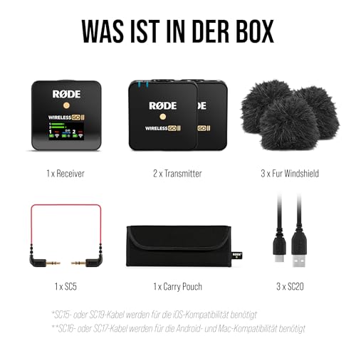 RØDE Wireless GO II Ultrakompaktes Kabelloses Zweikanal Mikrofonsystem mit eingebauten Mikrofonen, integrierter Aufnahmefunktion und 200 m Reichweite für Filmemachen, Interviews, Schwarz