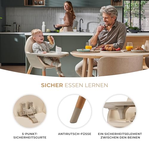 Kinderkraft Hochstuhl FINI2 2 in 1, Kinderhochstuhl, Babystuhl, Kombihochstuhl, Beine aus Holz, Sicherheitsgurte, Fußstütze, Doppeltablett, ab 6 Monate bis 5 Jahre, 5 Punkt Gurte, Beige