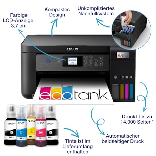 Epson EcoTank ET 2850 A4 Multifunktions Wi Fi Tintentankdrucker, mit einem im Lieferumfang enthaltenen Vorrat an Tinten bis zu 3 Jahren