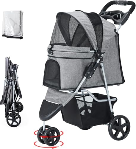 Joyfultails Hundewagen Hundebuggy Bis15kg, Faltbarer Hundewagen mit Aufbewahrungskorb, Netzfenster, Hundetrolley für Kleine und Mittle Hunde Regenschutzabdeckung Jogger Katzenbuggy grau