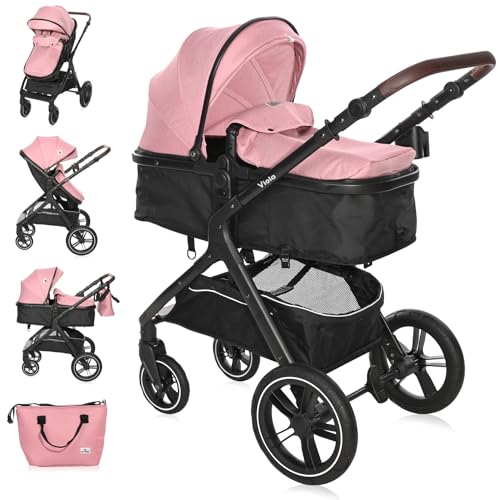 Lorelli Viola Kinderwagen 2 in 1, Umwandelbar in Sportsitz, Baby Kombikinderwagen bis 22kg, Zusammenklappbar, Große Gummireifen, Großer Einkaufskorb, Warmer Fußsack, PU Leder, Organizer Tasche, Rosa