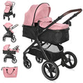 Lorelli Viola Kinderwagen 2 in 1, Umwandelbar in Sportsitz, Baby Kombikinderwagen bis 22kg, Zusammenklappbar, Große Gummireifen, Großer Einkaufskorb, Warmer Fußsack, PU Leder, Organizer Tasche, Rosa