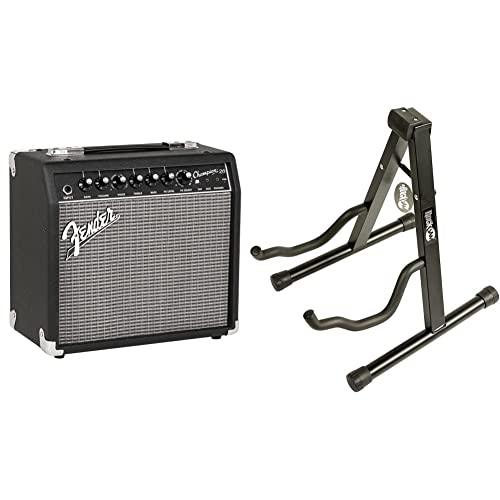 Fender Champion 20 230V EU DS &amp; Rockjam Universal Tragbarer A Frame Gitarrenständer für Akustikgitarre, E Gitarre &amp; Bassgitarre