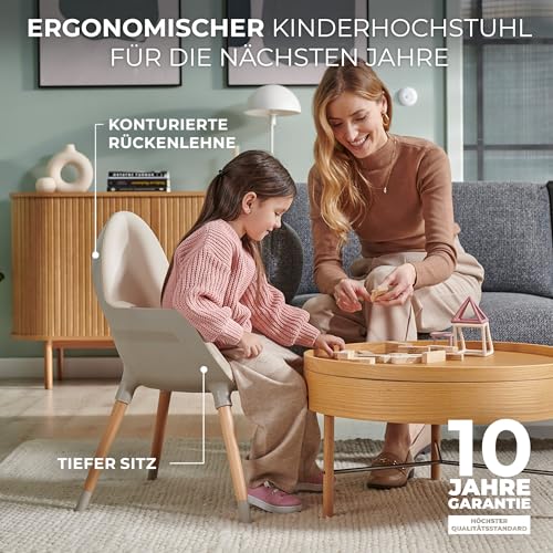 Kinderkraft Hochstuhl FINI2 2 in 1, Kinderhochstuhl, Babystuhl, Kombihochstuhl, Beine aus Holz, Sicherheitsgurte, Fußstütze, Doppeltablett, ab 6 Monate bis 5 Jahre, 5 Punkt Gurte, Beige