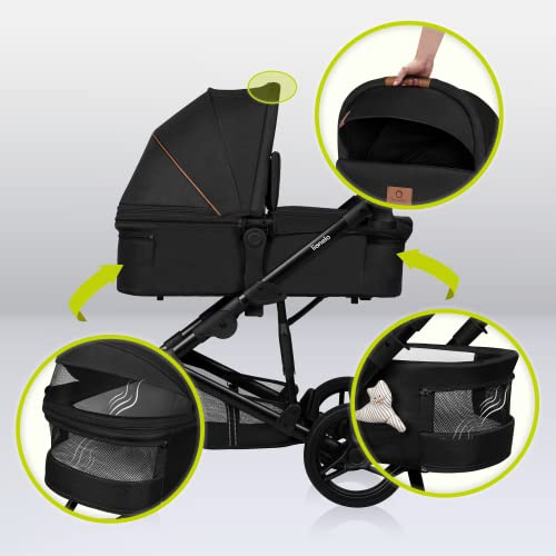 LIONELO Mari Tour 2 in 1 Kinderwagen bis 22kg mit Babywanne verstellbare Rückenlehne Zusammenklappbar 5 Punkt Gurt Große 360 geländegängige Räder dreifache Dämpfung Verdeck XXL Buggy Baby Stroller