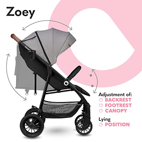 LIONELO Zoey Kinderwagen Buggy bis zu 15 kg, XXL Verdeck mit Sonnenschutz, Liegeposition, Fußstützenverstellung, EVA Schaumstoffräder, Moskitonetz, zusammenklappbar Grau