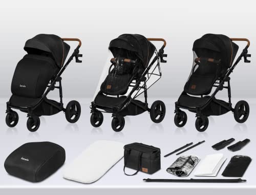 LIONELO Mari Tour 2 in 1 Kinderwagen bis 22kg mit Babywanne verstellbare Rückenlehne Zusammenklappbar 5 Punkt Gurt Große 360 geländegängige Räder dreifache Dämpfung Verdeck XXL Buggy Baby Stroller