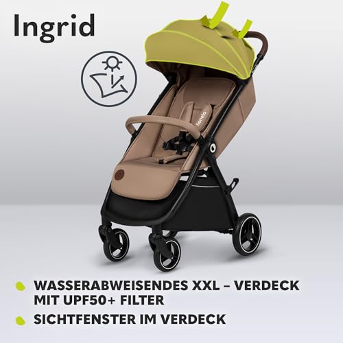 LIONELO INGRID Kinderwagen bis 22 kg von 6 Monaten bis 4 Jahren Große 360° schwenkbare Räder Volle Federung Einhändig zusammenklappbar Verstellbare Rückenlehne und Fußstütze Großes XXL Verdeck