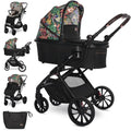 Lorelli Kinderwagen Glory 2 in 1 inkl. Babywanne und Sportsitz, Baby Kombikinderwagen bis 22kg, Zusammenklappbar, Große Reifen, Großer Einkaufskorb, Fußsack, Federung, Organizer Tasche, Blumenmotiv
