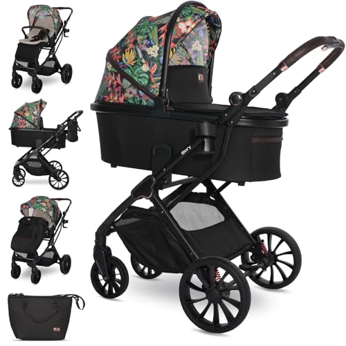 Lorelli Kinderwagen Glory 2 in 1 inkl. Babywanne und Sportsitz, Baby Kombikinderwagen bis 22kg, Zusammenklappbar, Große Reifen, Großer Einkaufskorb, Fußsack, Federung, Organizer Tasche, Blumenmotiv