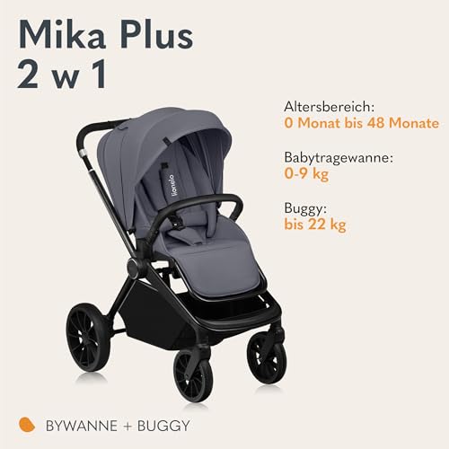 LIONELO MIKA PLUS 2 in 1 Buggy 0 48 Monate bis 22 kg Babywanne bis 9 kg, Rückenlehne und Füße verstellbar, AiryDots,Dämpfung, 360° drehbare PU Räder, XXL Verdeck