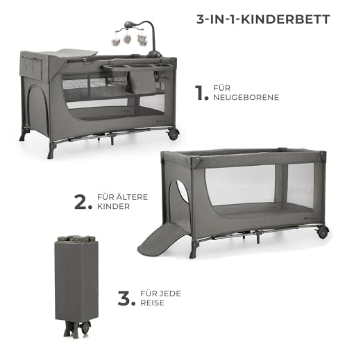 Kinderkraft JOY 2 ACC Kinderbett, 3 in 1 Kinderreisebett, Babybetten, Kinderbett, Reisebett, Modernes Design, Kleine Abmessungen nach Zusammenklappe, Praktisches Zubehör, Räder, Dunkelgrau