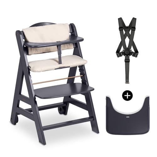 hauck Kinder Hochstuhl Beta , Mitwachsender Holz Babystuhl (FSC zertifiziert), Kinderhochstuhl ab 6 Monate mit Sitzkissen, Holz Essbrett und Schutzbügel, 5 Punkt Gurt und Schrittgurt (Dark Grey)