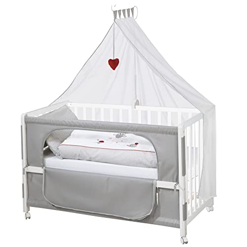 roba Beistellbett 60 x 120 cm   Adam &amp; Eule Room Bed   Babybett zum Anstellen an Elternbett   Inklusive Matratze, Bettwäsche, Himmel   Mobil &amp; Höhenverstellbar   Holz weiß