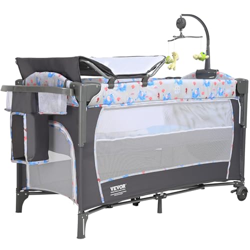 VEVOR Babybett Beistellbett Baby Rollbar 4 in 1, 926 x 598 x 692 mm Reisebett Kombi Set 35 kg Max. Gewichtskapazität, Babyreisebett mit Moskitonetz &amp; Tierspielzeug &amp; Haken, Praktischer Stubenwagen