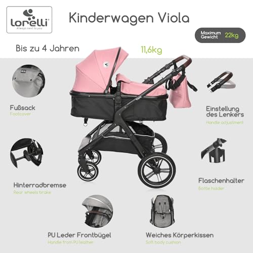 Lorelli Viola Kinderwagen 2 in 1, Umwandelbar in Sportsitz, Baby Kombikinderwagen bis 22kg, Zusammenklappbar, Große Gummireifen, Großer Einkaufskorb, Warmer Fußsack, PU Leder, Organizer Tasche, Rosa