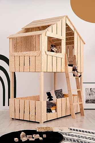 KidooCrafts Handgefertigtes Holzbett für Kleinkinder 90x180cm – Baumhaus Etagenbett für Kleinkinder – Cottage Bett – Etagenhütte – Spielhaus Hochbett   Einzigartiges Hausdesign