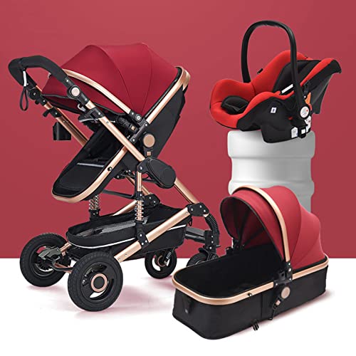 YCKEGEW Neugeborenen Kinderwagen | Kinderwagen Für Kleinkinder 3 En 1 | Einhändig Faltbarer Kleinkinderwagen Umkehrbarer Kinderwagen Mit Stoßfeder, Verstellbare Rückenlehne (Color : Red)