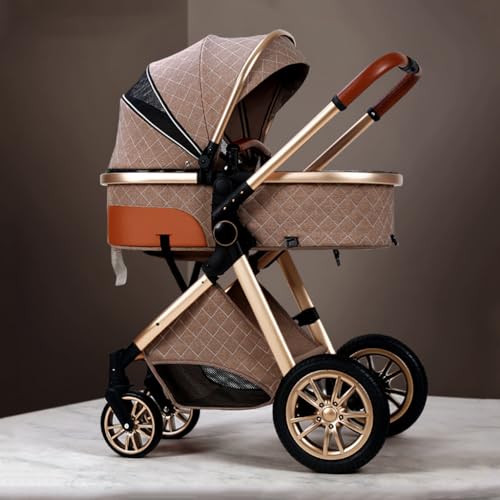 YCKEGEW 2 In 1 Konvertierbarer Baby Kinderwagen Bassinet Kinderwagen,Stoßsicherer Luxus Kinderwagen Für Neugeborene Und Kleinkinder, Hochformatiger Sitz Baby Buggy (Color : Khaki)
