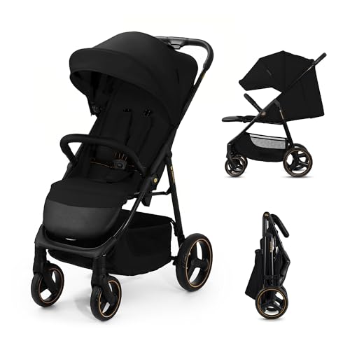 Kinderkraft TRIG 3 Kinderwagen, Kinderbuggy, Liegewagen, Sportwagen, Buggy, Zusammenklappen, Breite und tiefe Sitz, mit Liegeposition, 4 Rad Dämpfung, Große Dach, 5 Punkt Gurt, bis zu 25 kg, Schwarz