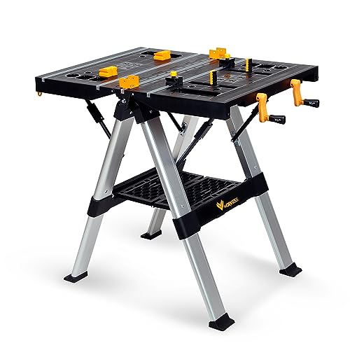 WORKESS Tragbare Werkbank &amp; Sägebock, 200 kg/453,6 kg Kapazität, strapazierfähiger, klappbarer Arbeitstisch, 54,6 cm   82,5 cm, höhenverstellbar, mit Klemmsystem, 2 x 4 Stützarme, Werkzeugablage für