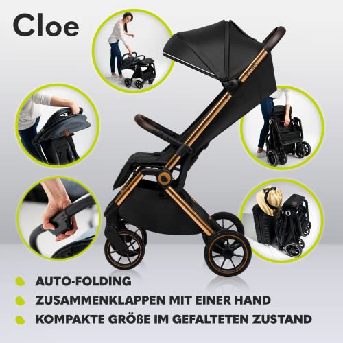 LIONELO Cloe Zusammenklappbarer Kinderwagen bis zu 22 kg, Verstellbare Rückenlehne Schlaffunktion, 5 Punkt Gurt Große Schwenkräder Moskitonetz Becherhalter Leichtgewicht Kompakt Wasserdicht (Schwarz)