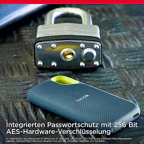 SanDisk Extreme Portable SSD 2 TB (tragbare NVMe SSD, USB C, bis zu 1.050 MB/s Lesegeschwindigkeit und 1.000 MB/s Schreibgeschwindigkeit, wasser  und staubbeständig) Monterey