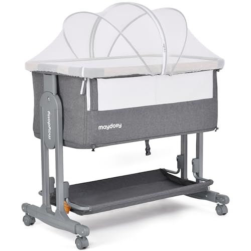 Maydolly Baby Beistellbett,3 in 1Kinderbett，Babybetten Bedside Sleeper mit Lagerung Matratze und Räder, 7 höhenverstellbar Folding leicht tragbare Krippe für Kleinkind Neugeborenen (grau)