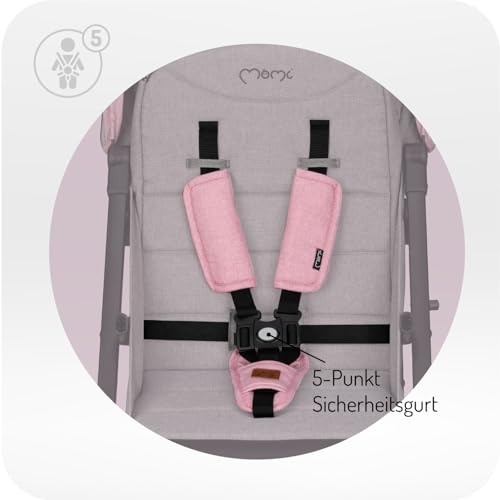 MoMi ESTELLE PLUS LIGHT Kinderwagen ab 6. Monat (bis 22 kg), klappbarer Buggy mit 5 Punkt Sicherheitsgurt, Einkaufskorb und Liegefunktion, Teleskop Stange zum Ziehen, steht nach dem Zusammenklappen