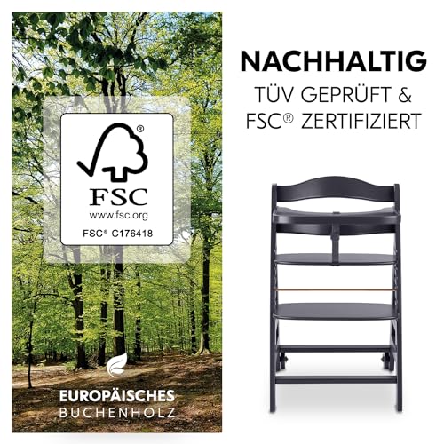 hauck Kinder Hochstuhl Beta , Mitwachsender Holz Babystuhl (FSC zertifiziert), Kinderhochstuhl ab 6 Monate mit Sitzkissen, Holz Essbrett und Schutzbügel, 5 Punkt Gurt und Schrittgurt (Dark Grey)