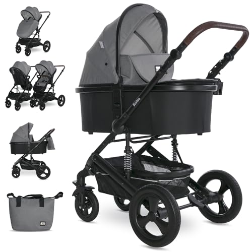Lorelli Kinderwagen Boston 2 in 1 inkl. Babywanne und Sportsitz, Baby Kombikinderwagen bis 22kg, Zusammenklappbar, Große Räder, Großer Einkaufskorb, Fußsack, Federung, Organizer Tasche, Grau