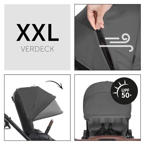 hauck Kinderwagen mit Beindecke Walk N Care ab Geburt bis 22 kg mit Liegefunktion, Becherhalter, Sitz Wendbar &amp; Höhenverstellbar, Gummireifen, Teleskopgriff, UPF 50 , Zusammenklappbar (Dark Grey9